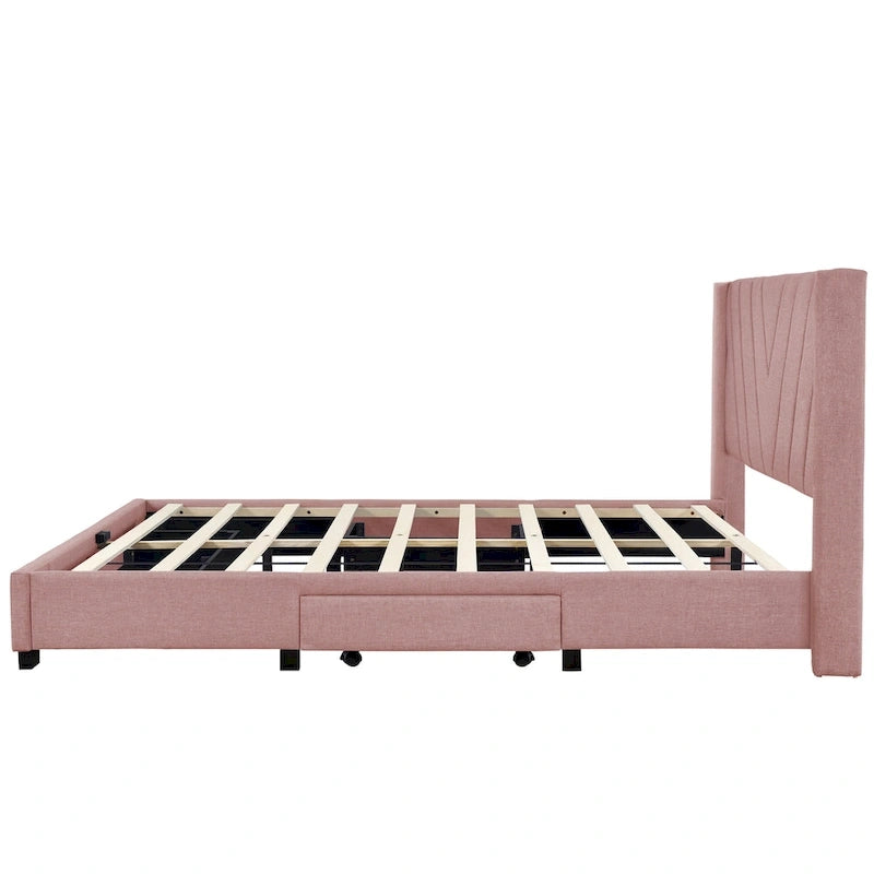 CUSchoice Queen Size Linen Upholstered Platform Bed with 3 Drawers and Storage