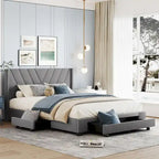 CUSchoice Queen Size Linen Upholstered Platform Bed with 3 Drawers and Storage