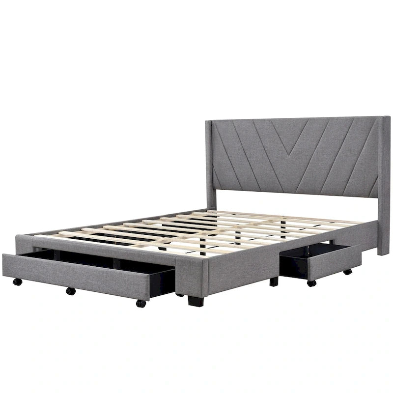 CUSchoice Queen Size Linen Upholstered Platform Bed with 3 Drawers and Storage