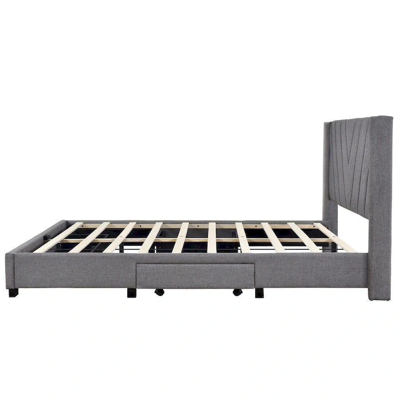 CUSchoice Queen Size Linen Upholstered Platform Bed with 3 Drawers and Storage