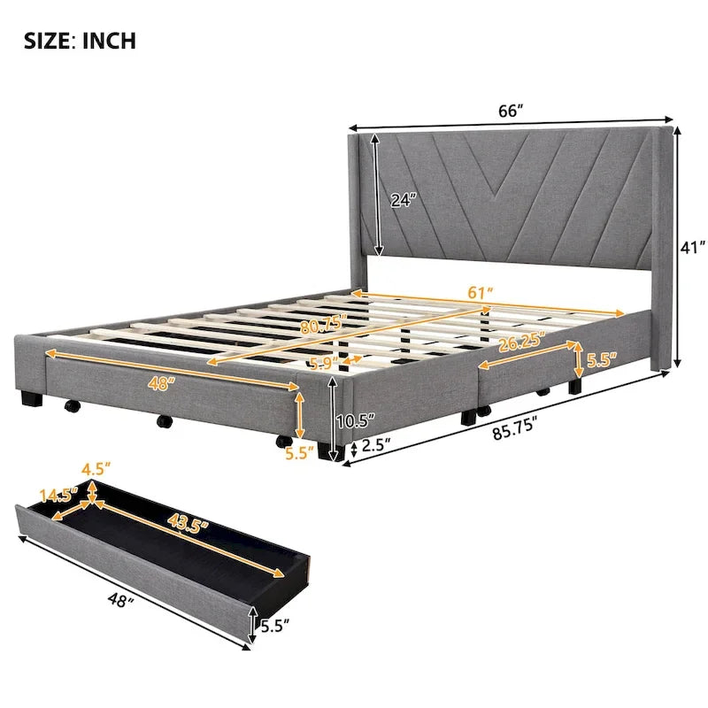 CUSchoice Queen Size Linen Upholstered Platform Bed with 3 Drawers and Storage