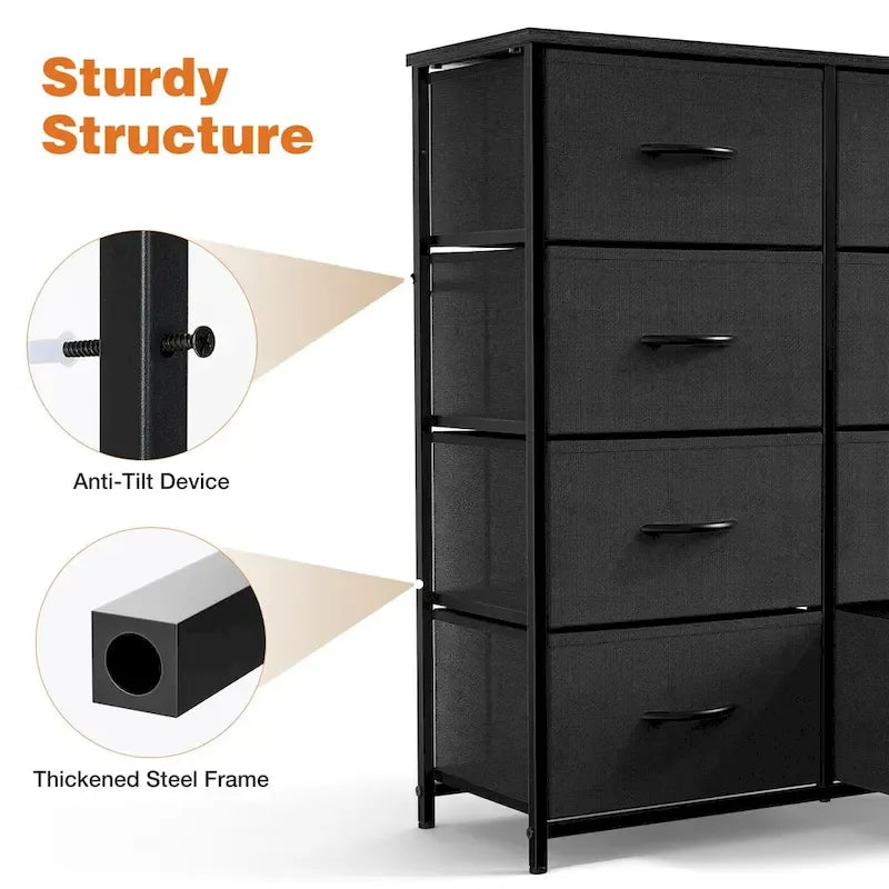 Bedroom Storage with 8 Drawers Tall Dresser & Chest of Drawers Fabric Dresser with Wood Top and Sturdy Steel Frame