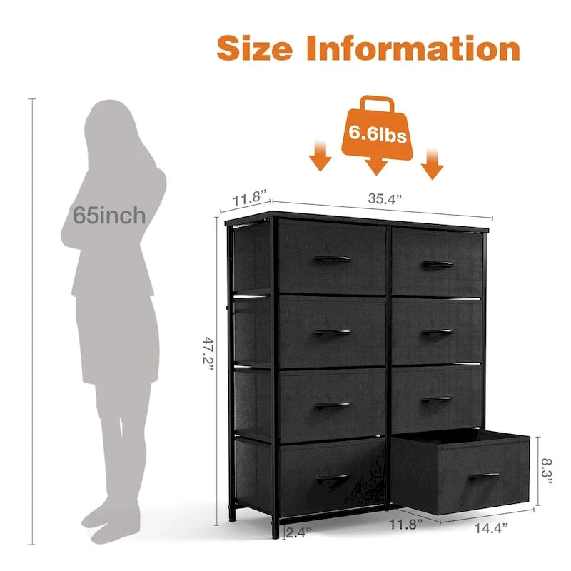 Bedroom Storage with 8 Drawers Tall Dresser & Chest of Drawers Fabric Dresser with Wood Top and Sturdy Steel Frame