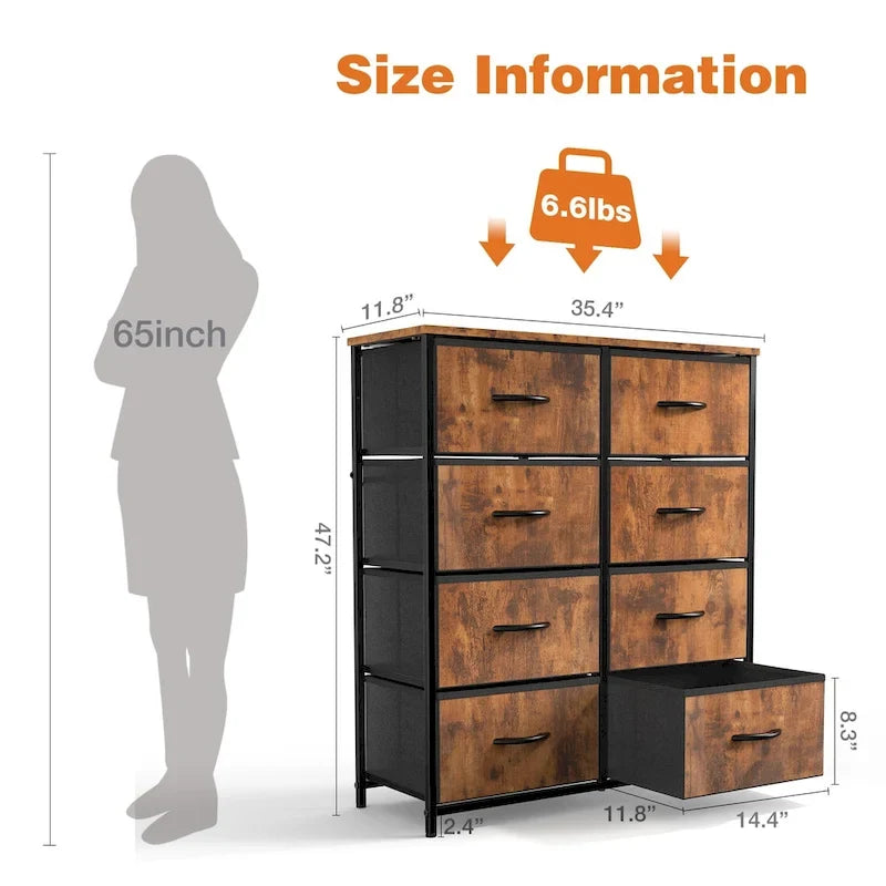 Bedroom Storage with 8 Drawers Tall Dresser & Chest of Drawers Fabric Dresser with Wood Top and Sturdy Steel Frame