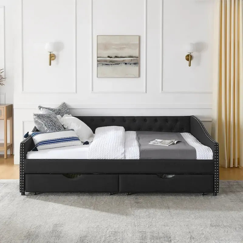 Queen Size Daybed With Drawers Upholstered Tufted Sofa Bed