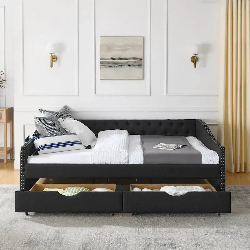 Queen Size Daybed With Drawers Upholstered Tufted Sofa Bed