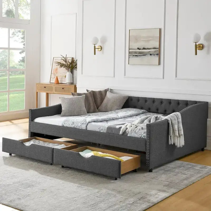 Queen Size Daybed With Drawers Upholstered Tufted Sofa Bed