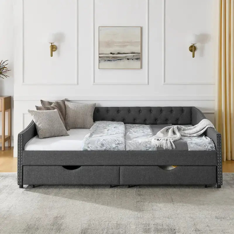 Queen Size Daybed With Drawers Upholstered Tufted Sofa Bed