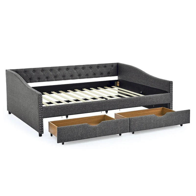 Queen Size Daybed With Drawers Upholstered Tufted Sofa Bed