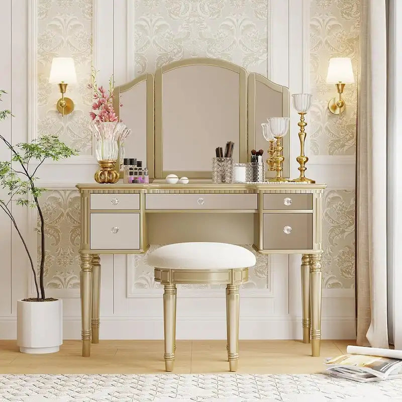 Roomfitters Makeup Vanity Table, 5 Drawers, Foldable Mirror, Stool Included