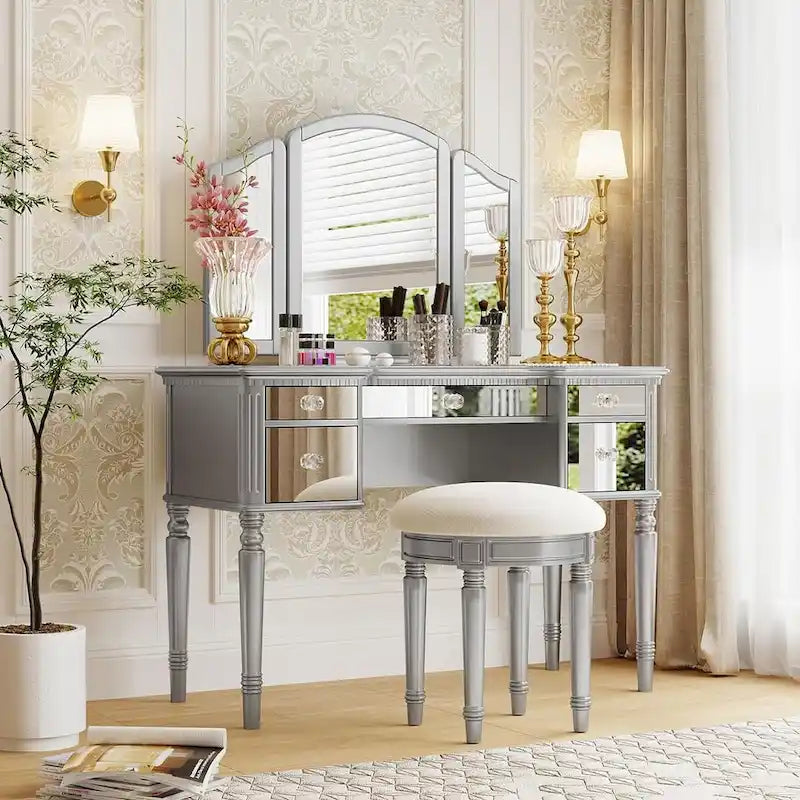 Roomfitters Makeup Vanity Table, 5 Drawers, Foldable Mirror, Stool Included