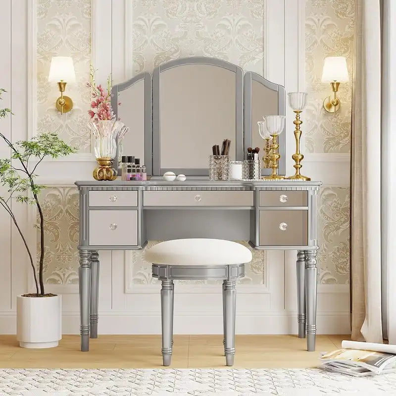 Roomfitters Makeup Vanity Table, 5 Drawers, Foldable Mirror, Stool Included