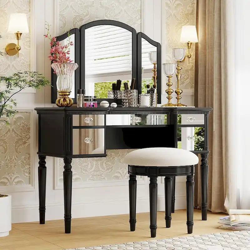 Roomfitters Makeup Vanity Table, 5 Drawers, Foldable Mirror, Stool Included
