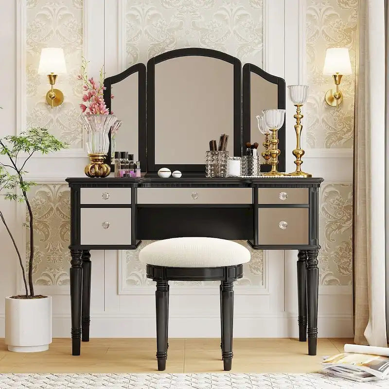 Roomfitters Makeup Vanity Table, 5 Drawers, Foldable Mirror, Stool Included