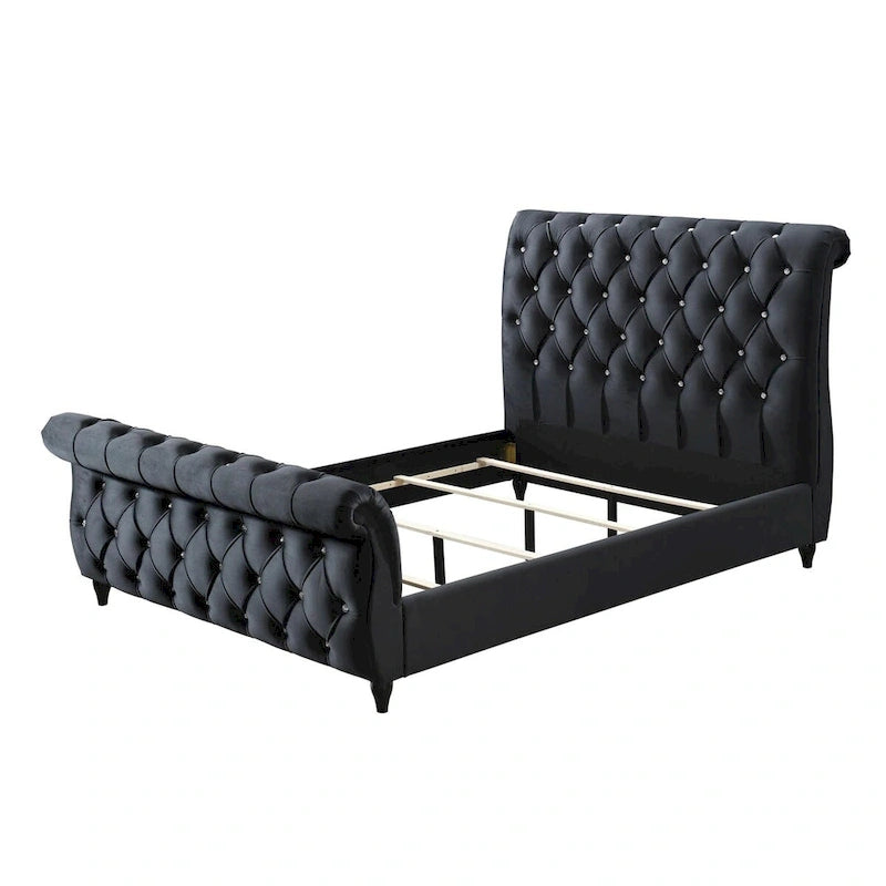Ellowen Queen Size Bed, Diamond Tufted Black Upholstery, Panel Headboard