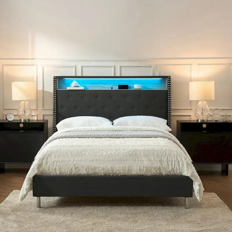 Jose Traditional 61.5  Stylish Tufted Bed with Storage Headboard and Warm Night Light by HULALA HOME