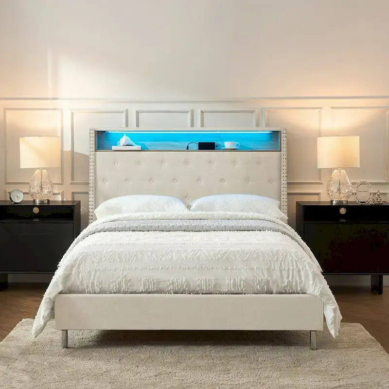 Jose Traditional 61.5  Stylish Tufted Bed with Storage Headboard and Warm Night Light by HULALA HOME