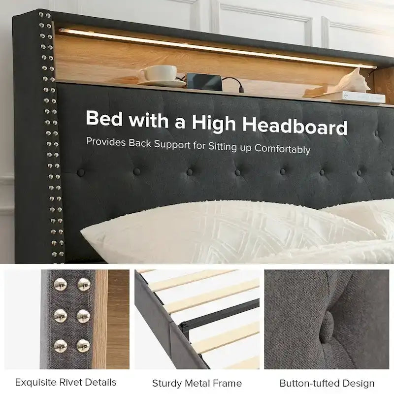 Jose Traditional 61.5  Stylish Tufted Bed with Storage Headboard and Warm Night Light by HULALA HOME