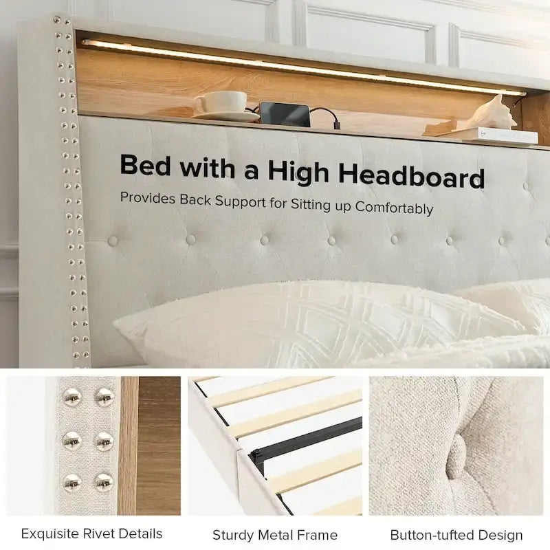Jose Traditional 61.5  Stylish Tufted Bed with Storage Headboard and Warm Night Light by HULALA HOME