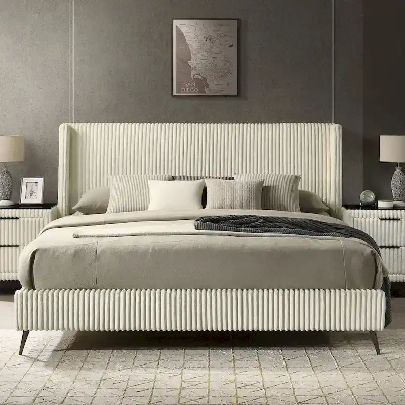 Roundhill Furniture Mavela Wide Wale Corduroy Upholstery Panel Bed, King Size