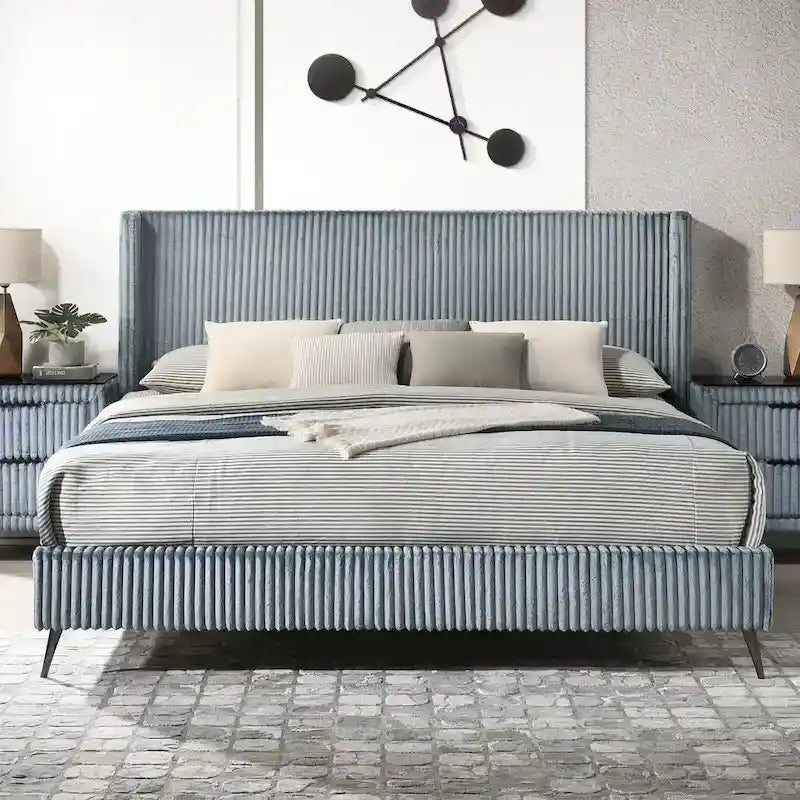 Roundhill Furniture Mavela Wide Wale Corduroy Upholstery Panel Bed, King Size