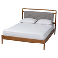 Edwina Mid-Century Light Grey Boucle Fabric and Walnut Brown Wood Queen Size Platform Bed