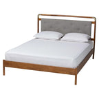 Edwina Mid-Century Light Grey Boucle Fabric and Walnut Brown Wood Queen Size Platform Bed