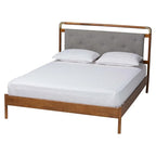 Edwina Mid-Century Light Grey Boucle Fabric and Walnut Brown Wood Queen Size Platform Bed