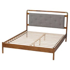 Edwina Mid-Century Light Grey Boucle Fabric and Walnut Brown Wood Queen Size Platform Bed