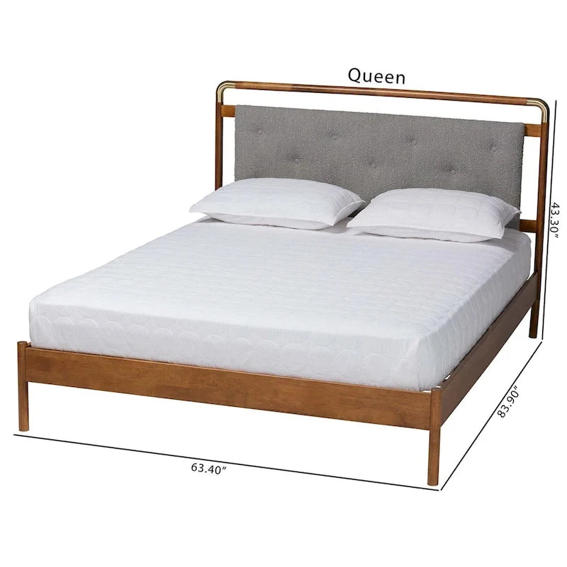 Edwina Mid-Century Light Grey Boucle Fabric and Walnut Brown Wood Queen Size Platform Bed