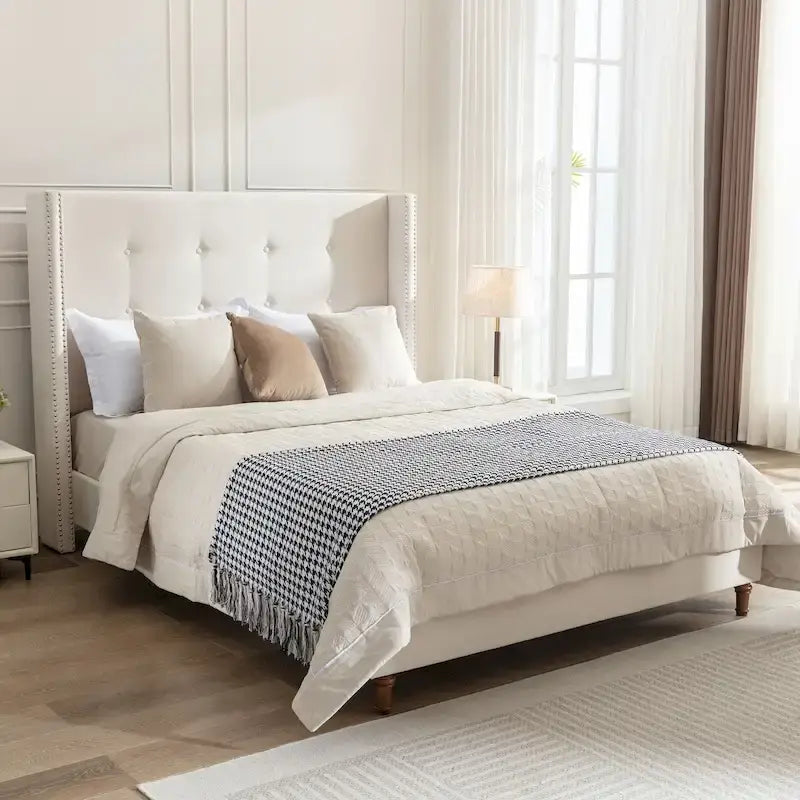 CUSchoice 54 High Headboard Upholstered Queen/King Bed (No Box Spring Needed)