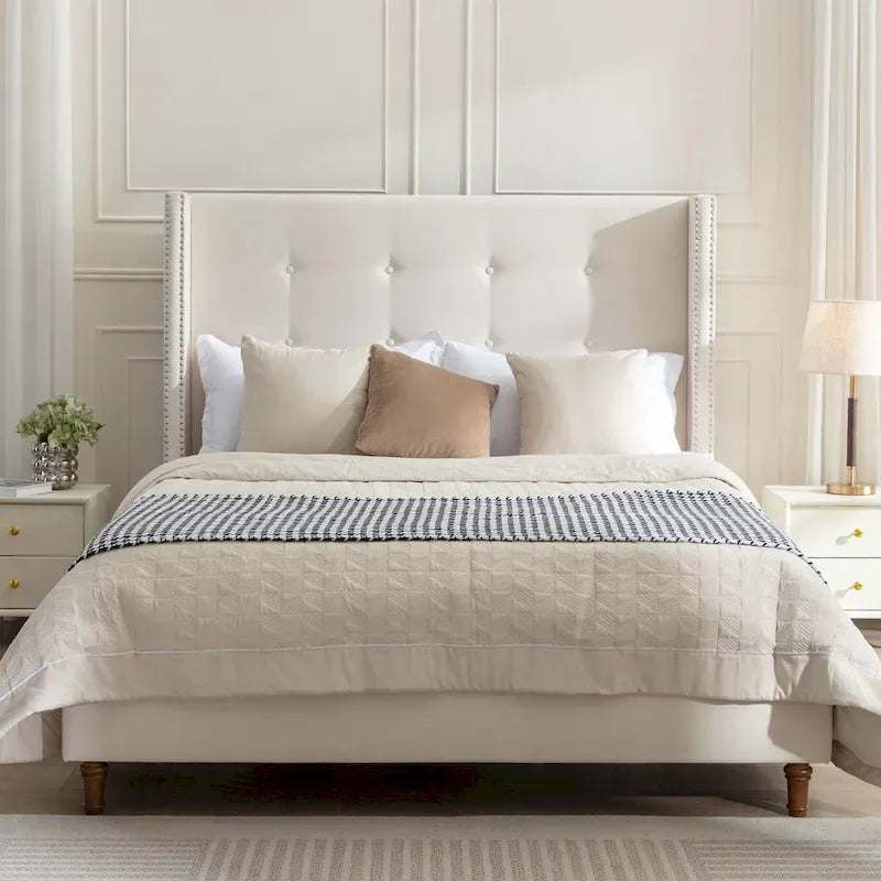 CUSchoice 54 High Headboard Upholstered Queen/King Bed (No Box Spring Needed)