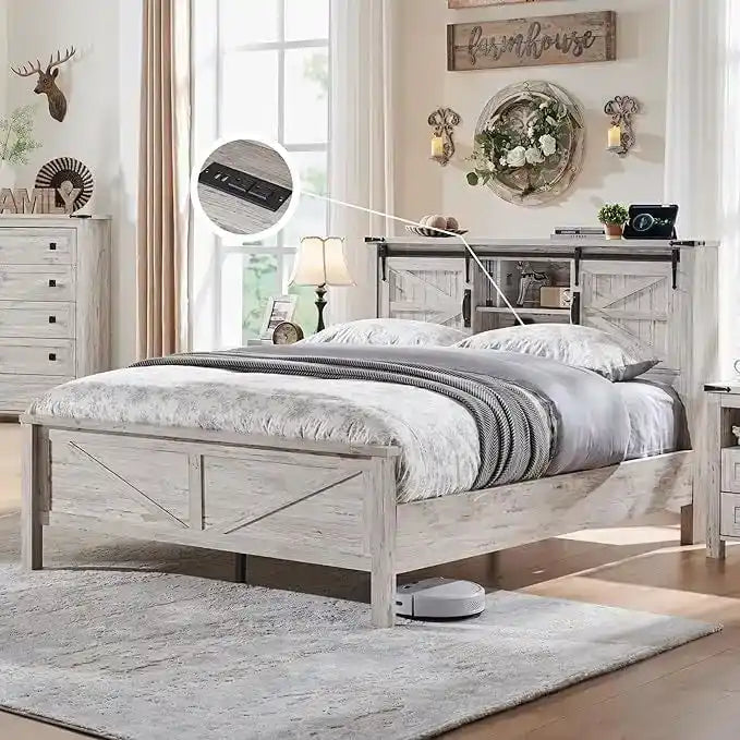 Farmhouse Full Size Bed Frame with Storage Shelves & Charging Station