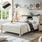 Farmhouse Full Size Bed Frame with Storage Shelves & Charging Station