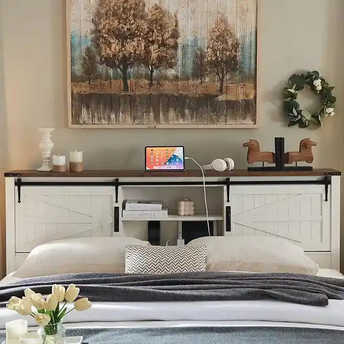 Farmhouse Full Size Bed Frame with Storage Shelves & Charging Station