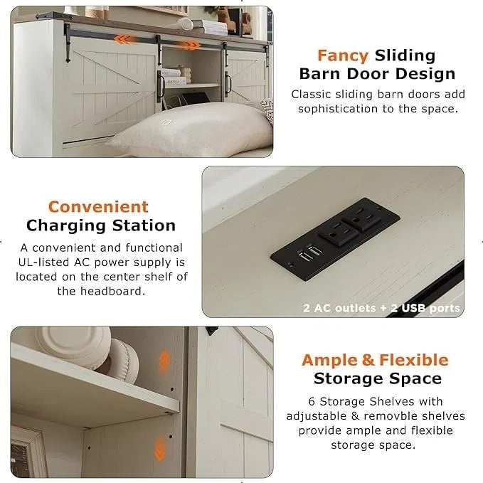 Farmhouse Full Size Bed Frame with Storage Shelves & Charging Station