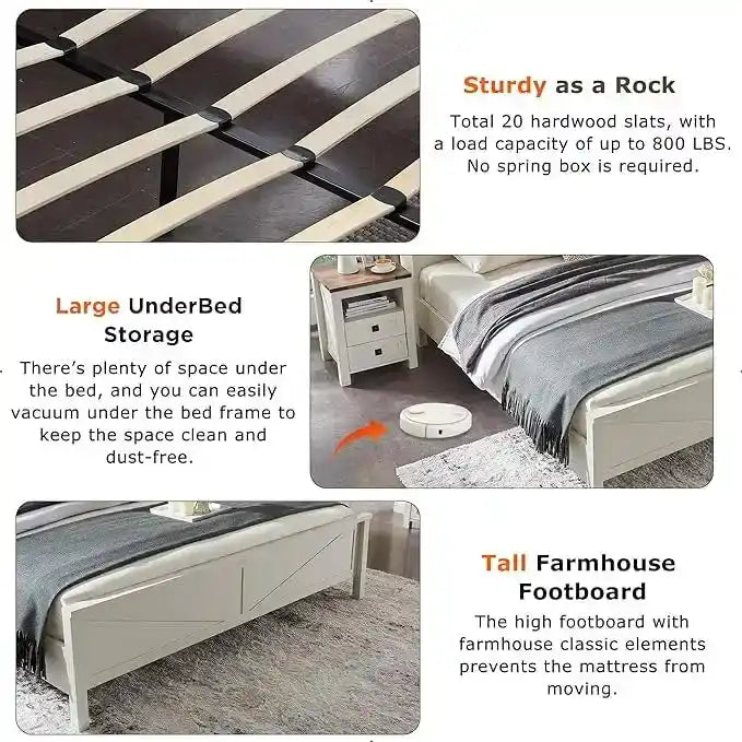Farmhouse Full Size Bed Frame with Storage Shelves & Charging Station