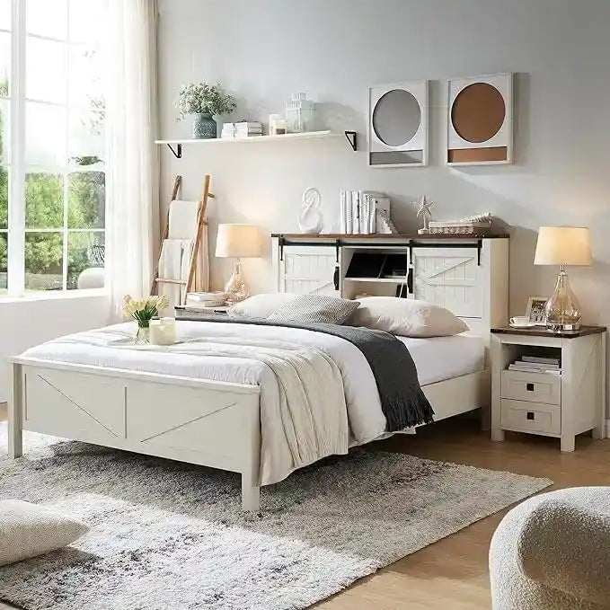 Farmhouse Full Size Bed Frame with Storage Shelves & Charging Station