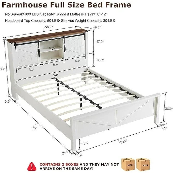 Farmhouse Full Size Bed Frame with Storage Shelves & Charging Station