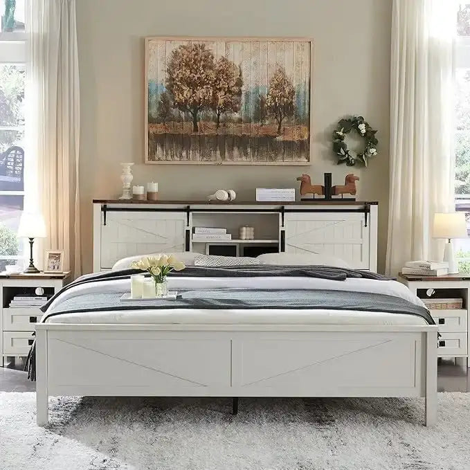 Farmhouse Full Size Bed Frame with Storage Shelves & Charging Station
