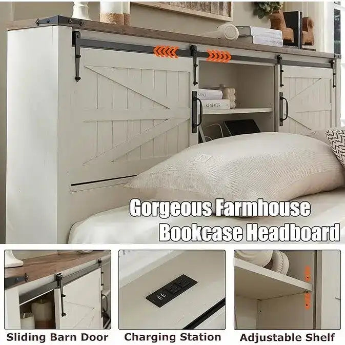 Farmhouse Full Size Bed Frame with Storage Shelves & Charging Station