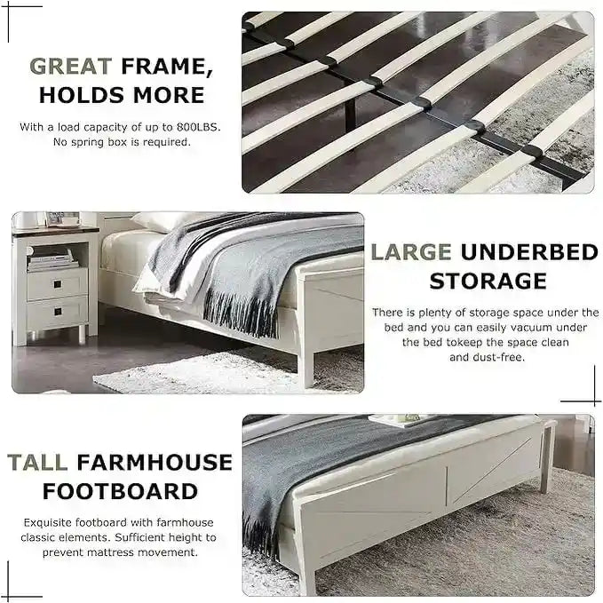 Farmhouse Full Size Bed Frame with Storage Shelves & Charging Station