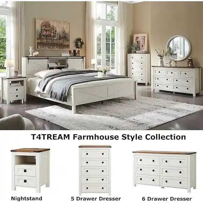 Farmhouse Full Size Bed Frame with Storage Shelves & Charging Station