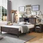 Farmhouse Full Size Bed Frame with Storage Shelves & Charging Station
