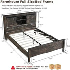 Farmhouse Full Size Bed Frame with Storage Shelves & Charging Station