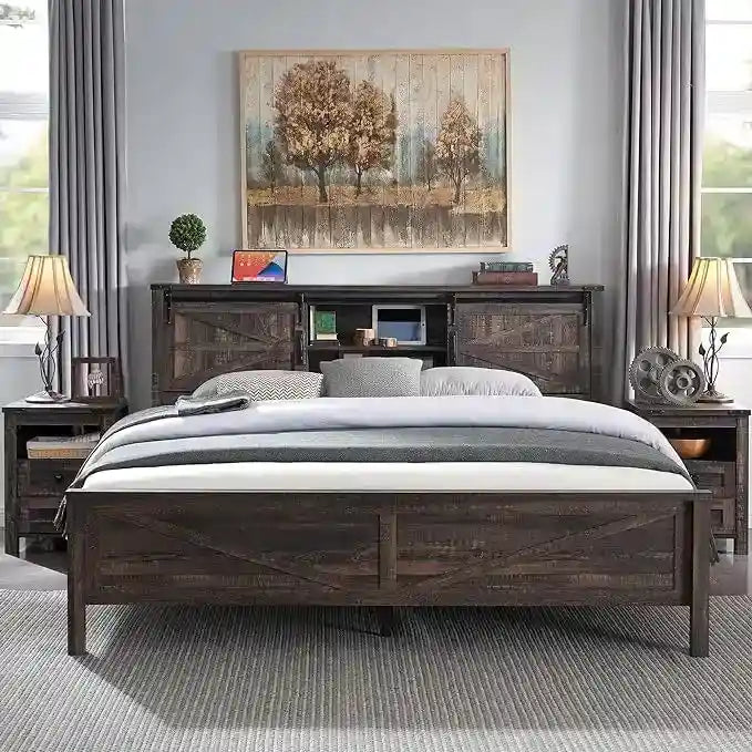 Farmhouse Full Size Bed Frame with Storage Shelves & Charging Station