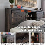 Farmhouse Full Size Bed Frame with Storage Shelves & Charging Station