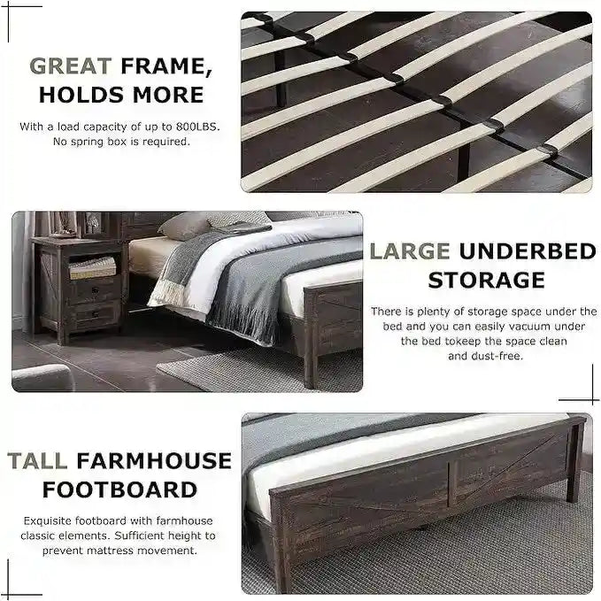 Farmhouse Full Size Bed Frame with Storage Shelves & Charging Station