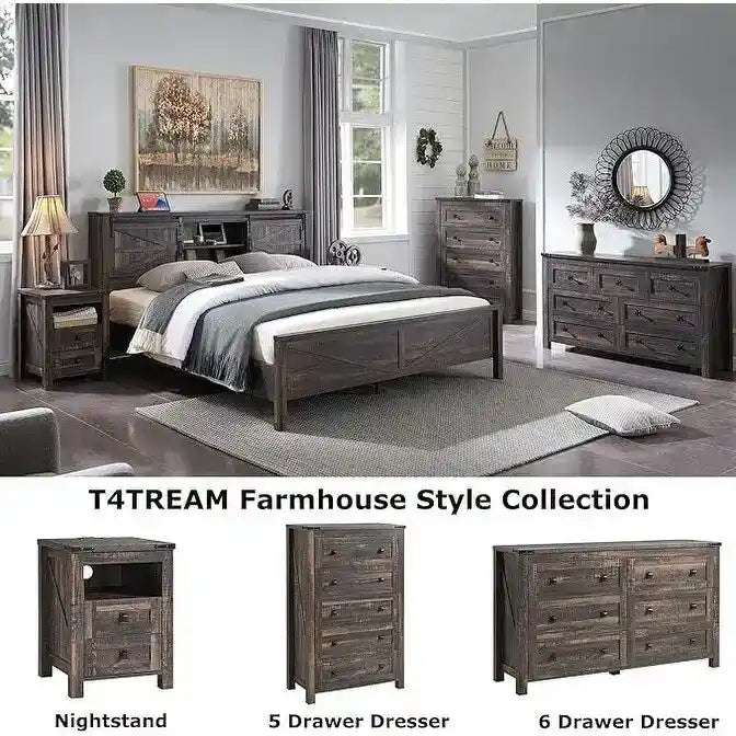 Farmhouse Full Size Bed Frame with Storage Shelves & Charging Station