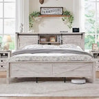 Farmhouse Full Size Bed Frame with Storage Shelves & Charging Station